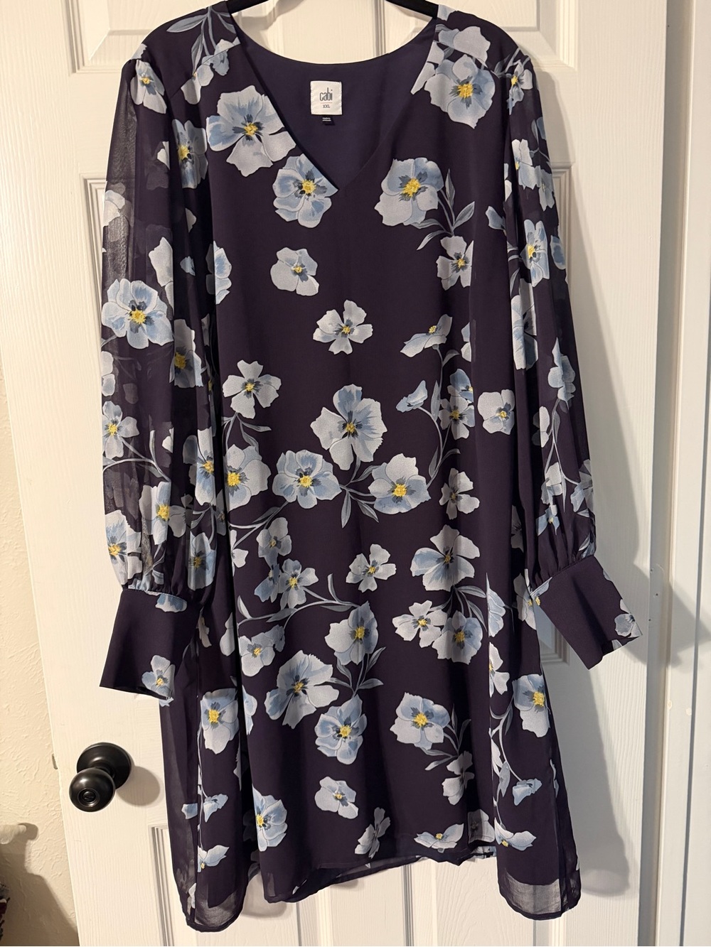 CAbi Navy Floral V-Neck Long Sleeve Shift Dress with Pale Blue Flowers